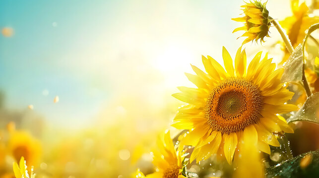 Bright sunflower field under clear blue sky, radiating warmth and joy. vibrant yellow flowers bloom beautifully, creating serene and uplifting atmosphere - Powered by Adobe