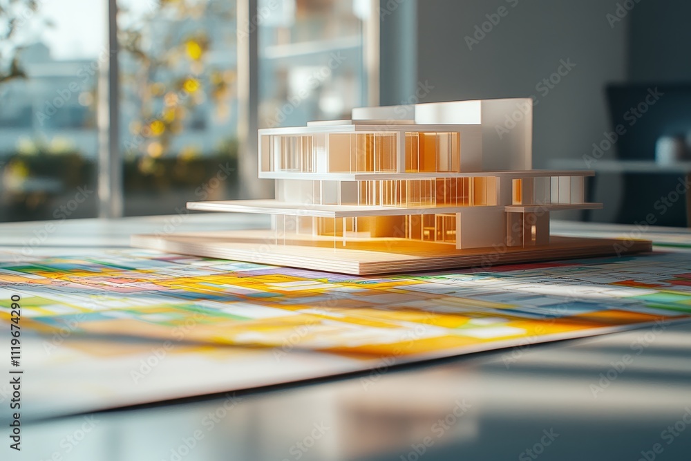 Poster architectural model workshop scene featuring a modern building design with detailed blueprints and b