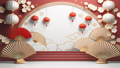 Red and gold Chinese New Year stage with lanterns, fans, and gold coins. Generative AI.
