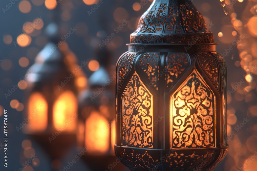 Poster intricate lanterns illuminating warm evening ambience with bokeh effects in a festive atmosphere for