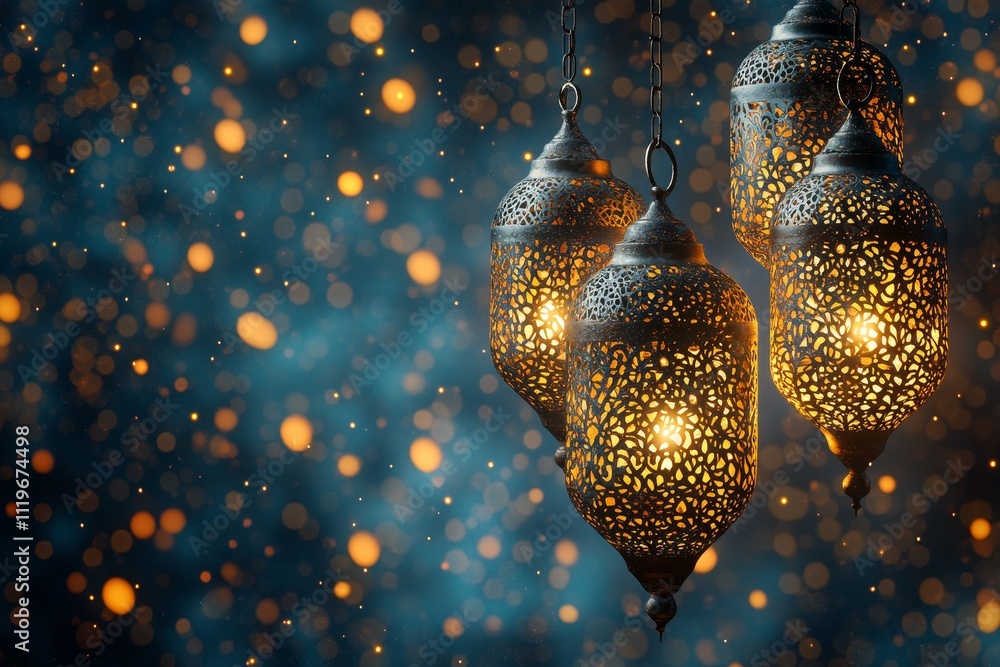 Poster ornate lanterns with intricate patterns illuminating a dreamy background of bokeh lights, perfect fo