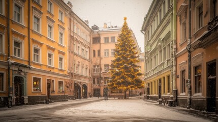 Obraz premium Festive City Street Scene with Christmas Tree and Snowy Winter Wonderland Atmosphere