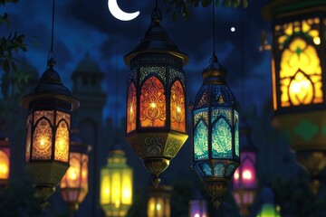 Colorful Decorative Lanterns Illuminating a Night Sky with Moon and Stars in a Magical Outdoor Setting Full of Vibrant Light and Patterns