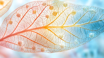 Obraz premium close up view of young leaf showcasing intricate cellular structures, with vibrant colors blending from orange to blue, creating serene and captivating natural pattern