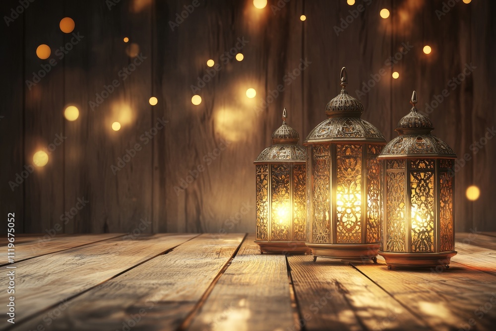 Poster elegant lanterns glowing softly on rustic wooden table surrounded by magical bokeh lights creating a