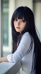 Photograph of a beautiful Japanese woman with long black hair and bangs