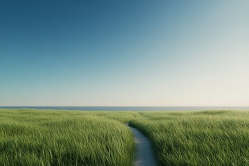 Rolling green grassland at sunrise with a clear blue sky and gentle breeze