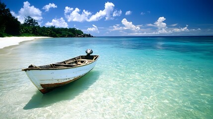 Naklejka premium A small boat is sitting in the water near the shore