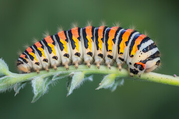 Fototapeta premium Colorful caterpillar perched on a green leaf during a sunny afternoon in a garden