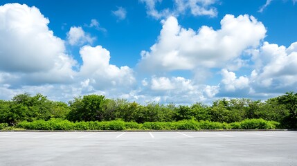 Fototapeta premium Tranquil Empty Parking Lot Surrounded by Lush Green Trees and Blue Sky