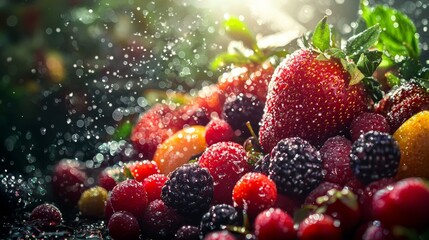 Vibrant berries with water droplets in dramatic sunlight