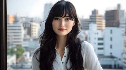 Photograph of a beautiful Japanese woman with long black hair and bangs