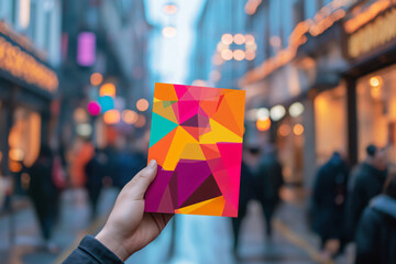 Fototapeta premium Hand holding a colorful, geometric flyer mockup in a blurred city street, ideal for showcasing designs and promotions