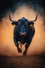 Black bull running through dusty landscape at sunset in rural area
