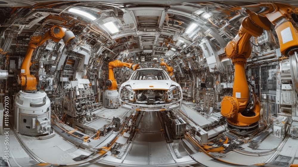 Aufkleber 360? view of a car undergoing automated assembly on a factory production line with robotic arms.