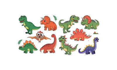  Cute Cartoon Dinosaurs Illustration with T-Rex, Triceratops, Stegosaurus, and Pterodactyl