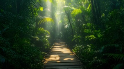 Obraz premium Wooden pathway through lush green tropical jungle with sunlight, serene nature walk concept, Pathway through a lush forest representing the way forward.
