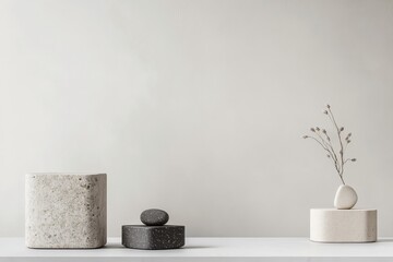 Decorative stone objects and vase with dried flowers on a minimalist shelf