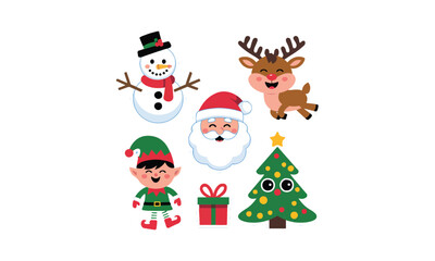 Cute Christmas Characters with Santa, Snowman, Reindeer, Elf, and Tree
