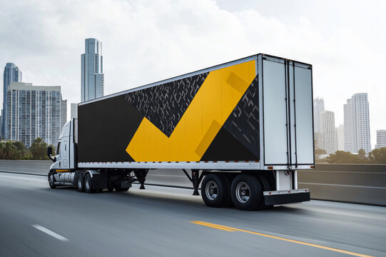 White truck driving on highway showcasing customizable trailer wrap mockup for logistics company branding