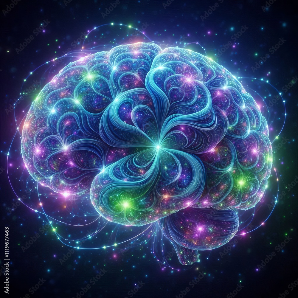 Poster fractal brain a brain rendered with its neural pathways displaye