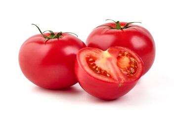 Ripe fresh tomatoes, close-up, isolated on white background.