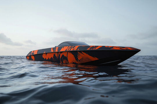 Modern speedboat with striking orange and black wrap design, floating serenely on calm water under a soft sky