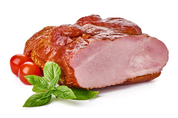 Roasted pork meat, smoked spicy glazed meat, isolated on white background.