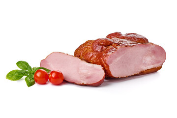 Roasted pork meat, smoked spicy glazed meat, isolated on white background.