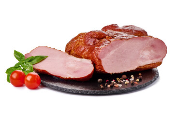 Roasted pork meat, smoked spicy glazed meat, isolated on white background.
