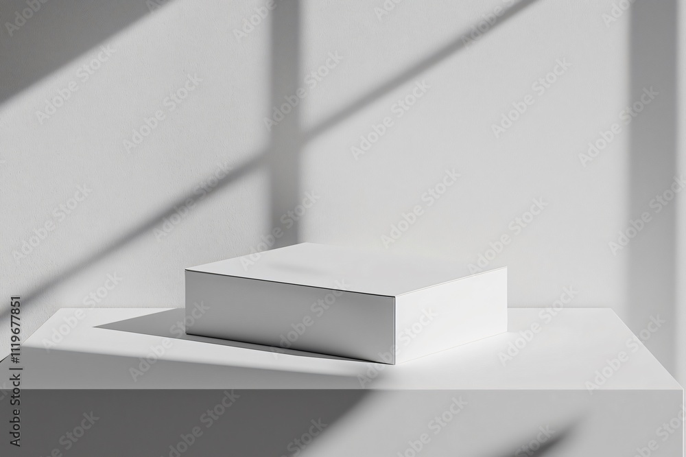 Aufkleber customizable white rectangular box placed on a white surface with natural light and window shadows, 
