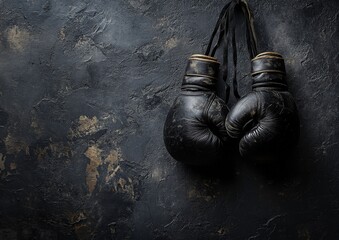 A vintage pair of old boxing gloves is artistically hanging on a wall