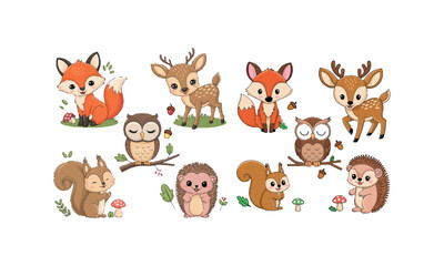 Obraz premium Cute Woodland Animals Illustration with Foxes, Deer, Owls, Squirrels, and Hedgehogs
