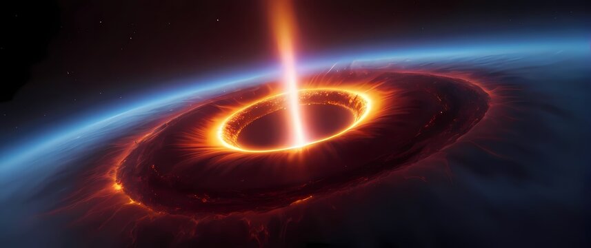 A black hole consuming a nearby star streams of hot plasma stretching toward its event horizon in brilliant colors