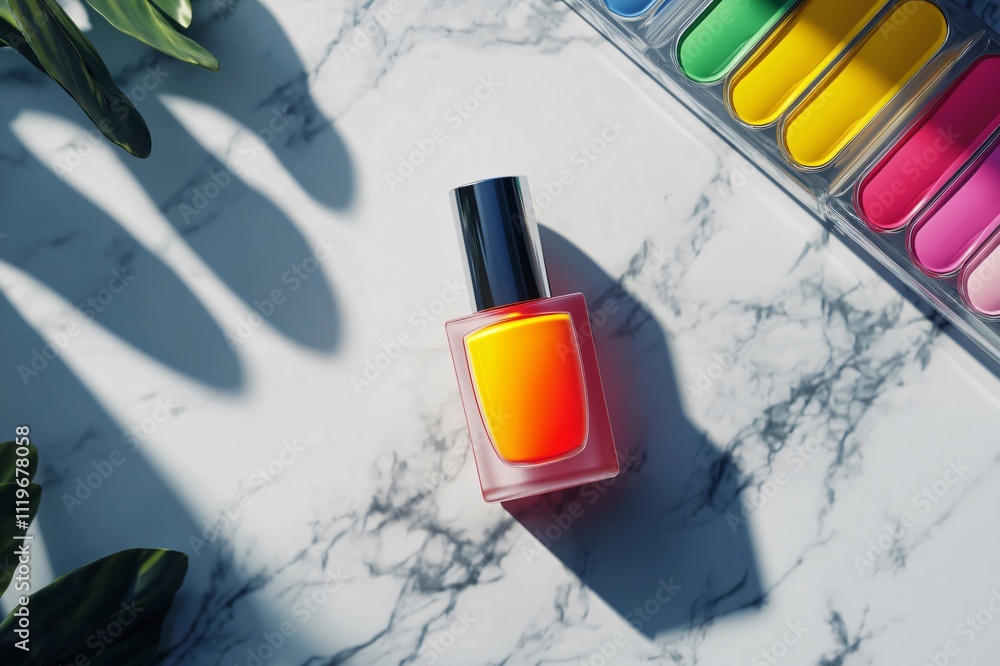 Poster gradient nail polish bottle casting shadow on marble surface, next to a colorful palette, creating a