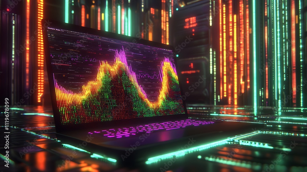 Aufkleber dynamic data visualization on a laptop surrounded by neon lights