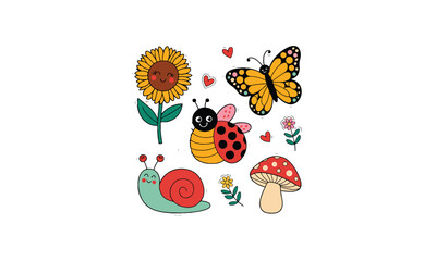 Cute Cartoon Nature Elements with Butterfly, Bee, Ladybug, Snail, and Sunflower