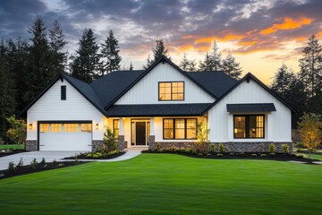 Obraz premium Modern farmhouse exterior dark gabled roof white siding large windows with warm lighting