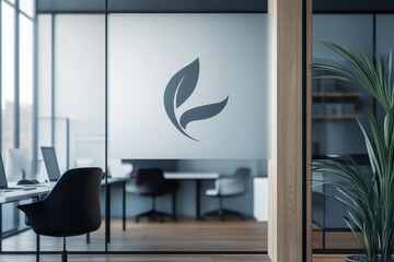 Customizable logo displayed on frosted glass partition in a modern office environment, showcasing branding and interior design