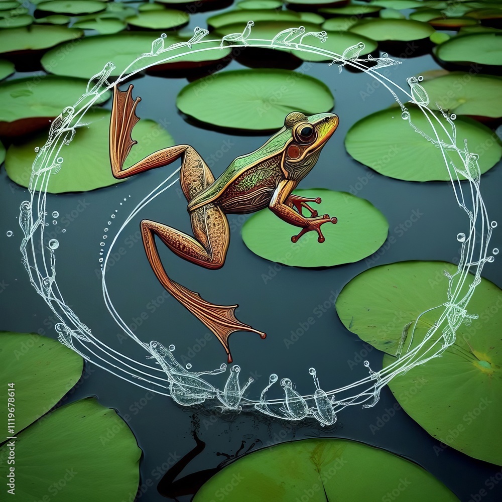 Poster frogs in motion depict frogs leaping between lily pads using cir