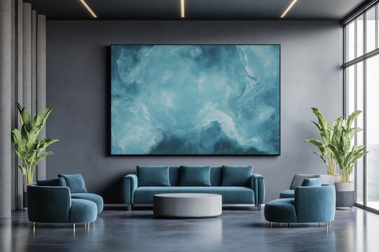 Large format canvas display mockup featuring abstract art in a modern living room with stylish furniture, plants, and a large window