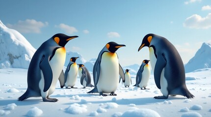 Obraz premium Penguins Snowball Fight in Icy Landscape