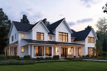 Obraz premium Modern farmhouse exterior twilight warm glowing windows
