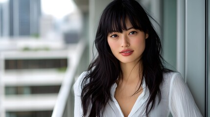 Photograph of a beautiful Japanese woman with long black hair and bangs