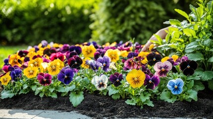 Fototapeta premium A vibrant flower bed featuring colorful pansies in a garden setting.