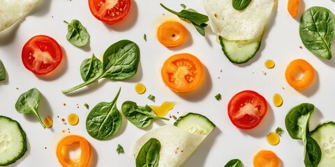 A vibrant arrangement of fresh vegetables and herbs on a white background, showcasing healthy eating.