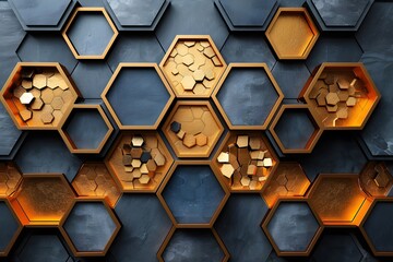 Geometric Hexagon Pattern with Gold and Textured Surfaces - Modern Abstract Art Design for Wall Decor