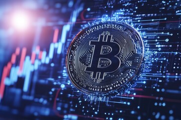 Bitcoin concept with digital lines on dynamic blue background