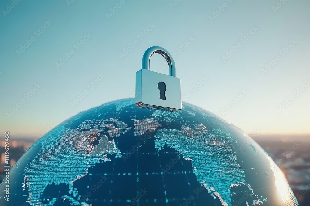 Poster digital security concept with a lock symbolizing protection over a global network landscape in a bri