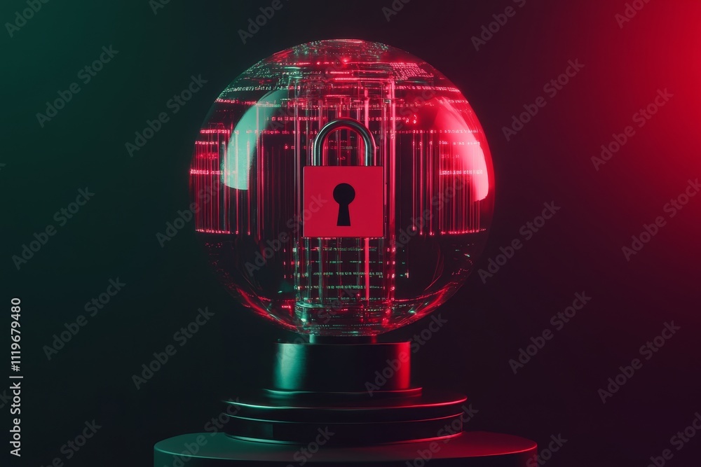 Poster digital security concept: glass globe with lock symbol representing data protection and cybersecurit